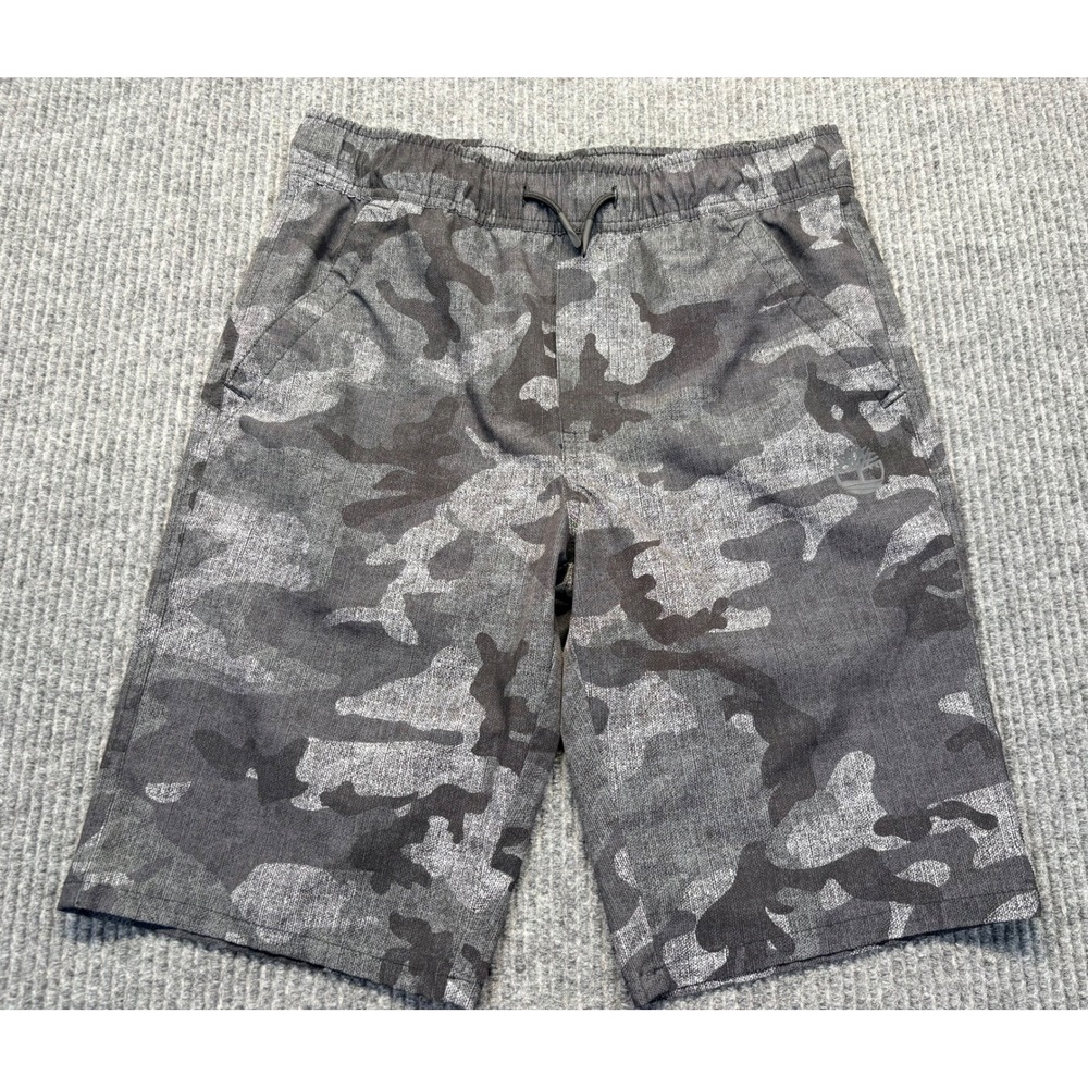 Timberland Boys Gray Camo Shorts Size L 14/16 Elastic Waist Mesh Lined TLSGC03F